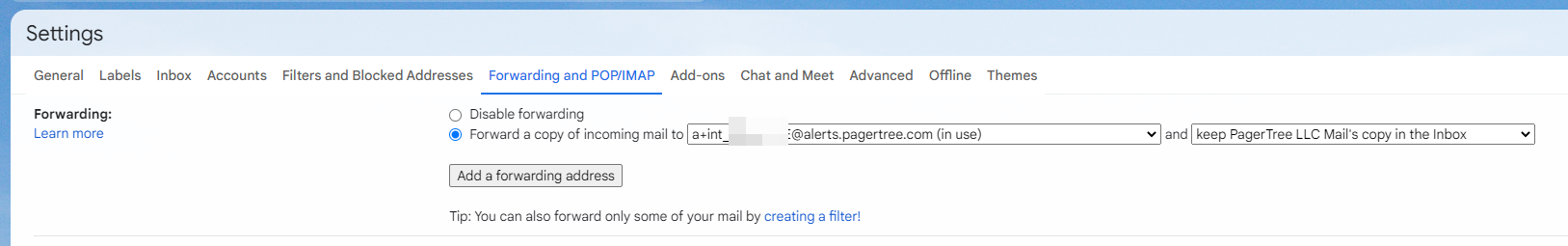 Example of a forwarding address in Gmail